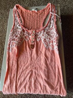 Miss Me Coral Tank with White Lace and Button Front